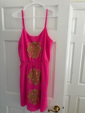 Lilly Pulitzer Bright Pink Spaghetti Strap Dress with Lime Green Medallion Print